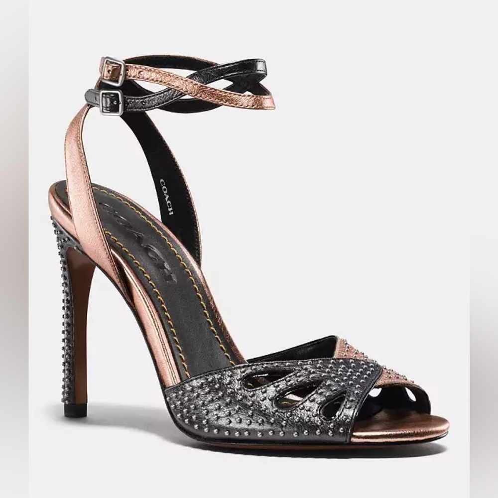 COACH NWOT High Heel Leather Ankle Strap Sandals with Prairie Rivets - Size 5